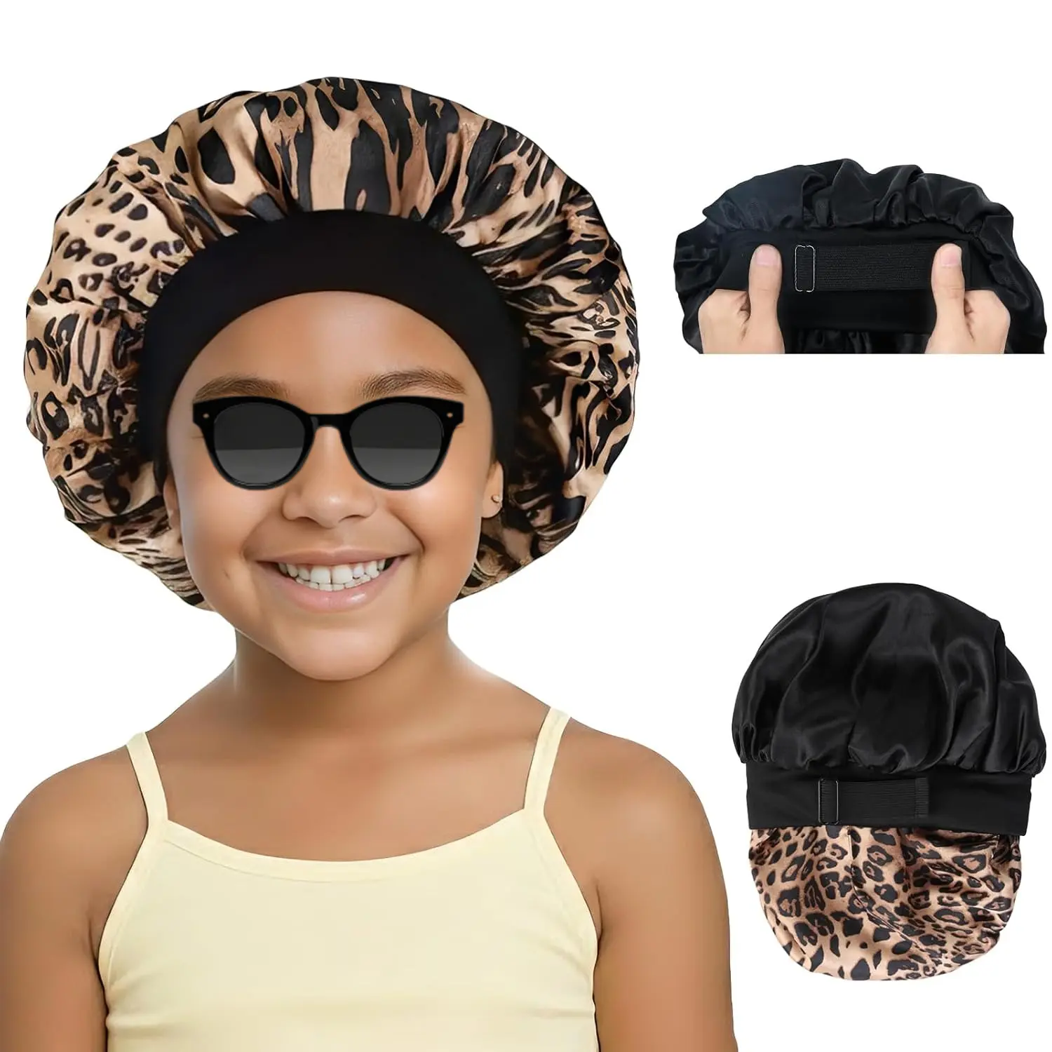 S-33 Kids Bonnets for Girls Double Layer Baby Satin Bonnet Adjustable Toddler Bonnet for Sleeping Sleep Caps with Elastic Band-Black and Lepard