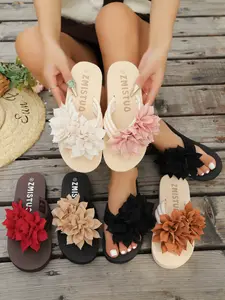 Summer New Sweet Big Flower Fashionable Comfortable Sandals for Women, Beach Shoes, Anti-Slip Toe Thong Flip Flops Slippers, Fashion PU Material