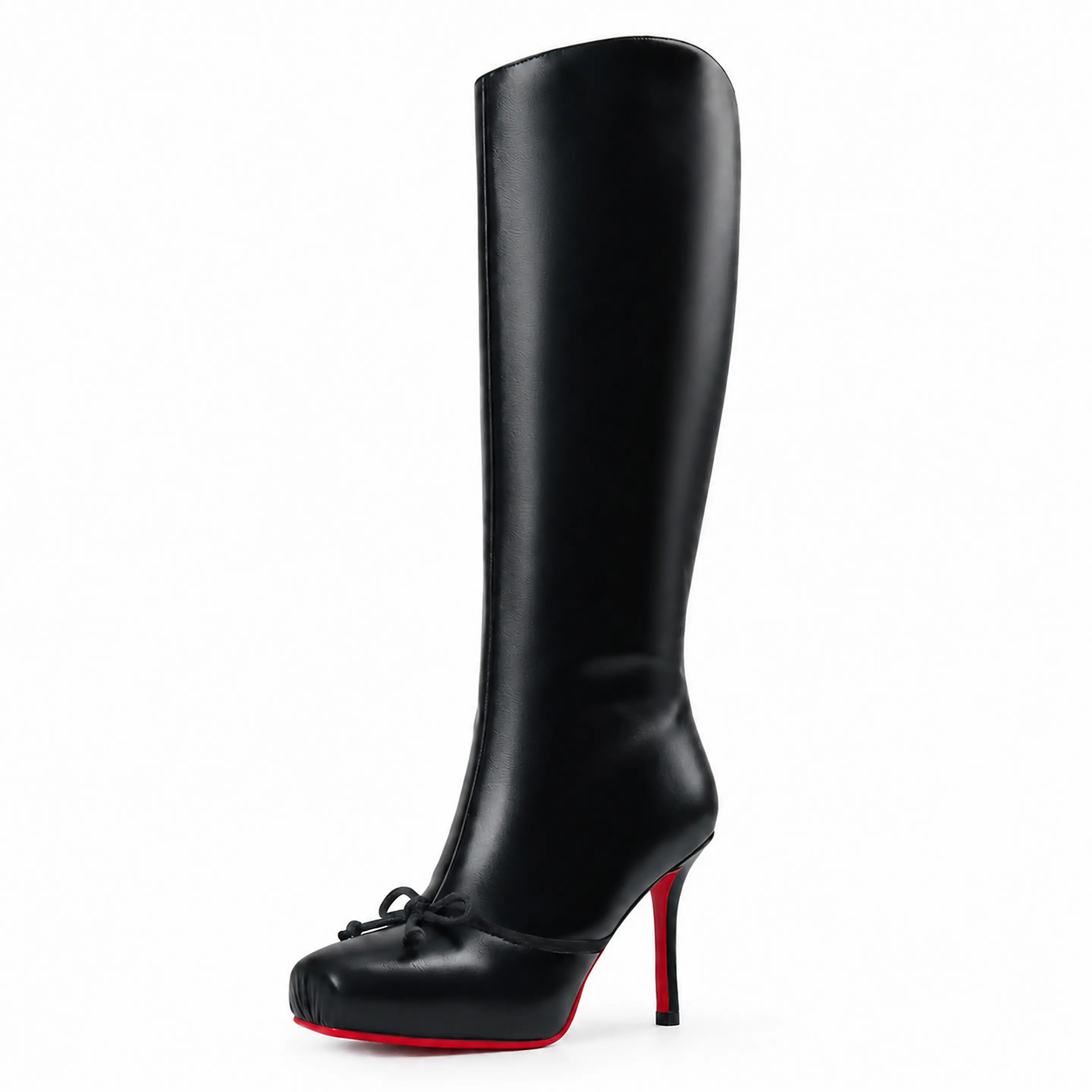Women's Custom Made Polished Black Knee-High Bow Boots - PU Leather Soft Glossy Upper, Square Toe, Red Rubber Sole, Stiletto Heels, Slimming Tall Shaft, Minimalist Flexible Elegant Versatile Leg-Lengthening Shoes - Ideal for Party, All Seasons Outfits