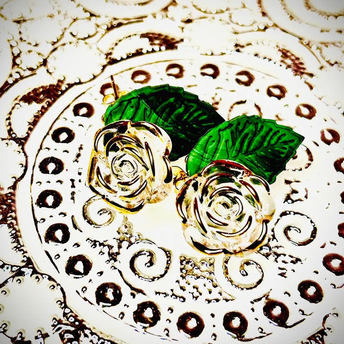 Translucent rose with leaf dangly pushback post earrings for pierced ears gift for wife sister daughter woman girl Secret Santa stocking stuffer Female Elegant Plastic Elegant Retro Casual
