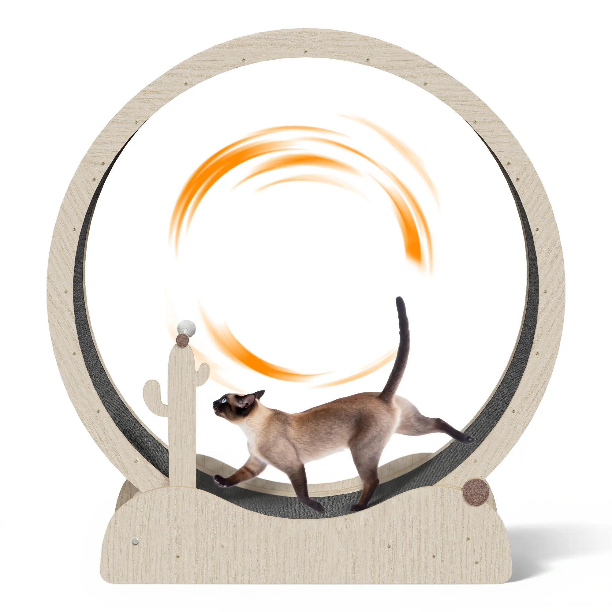 NOVA Wood Indoor Cat Exercise Wheel - 43/47-in Safety Treadmill with Carpeted Runway, Teaser Wand, Timber Scratcher, Natural Finish, Safety Base, MDF Build, 42lb Capacity, 43*14.6*44.9-in Size Option for All Sizes of Active Cats