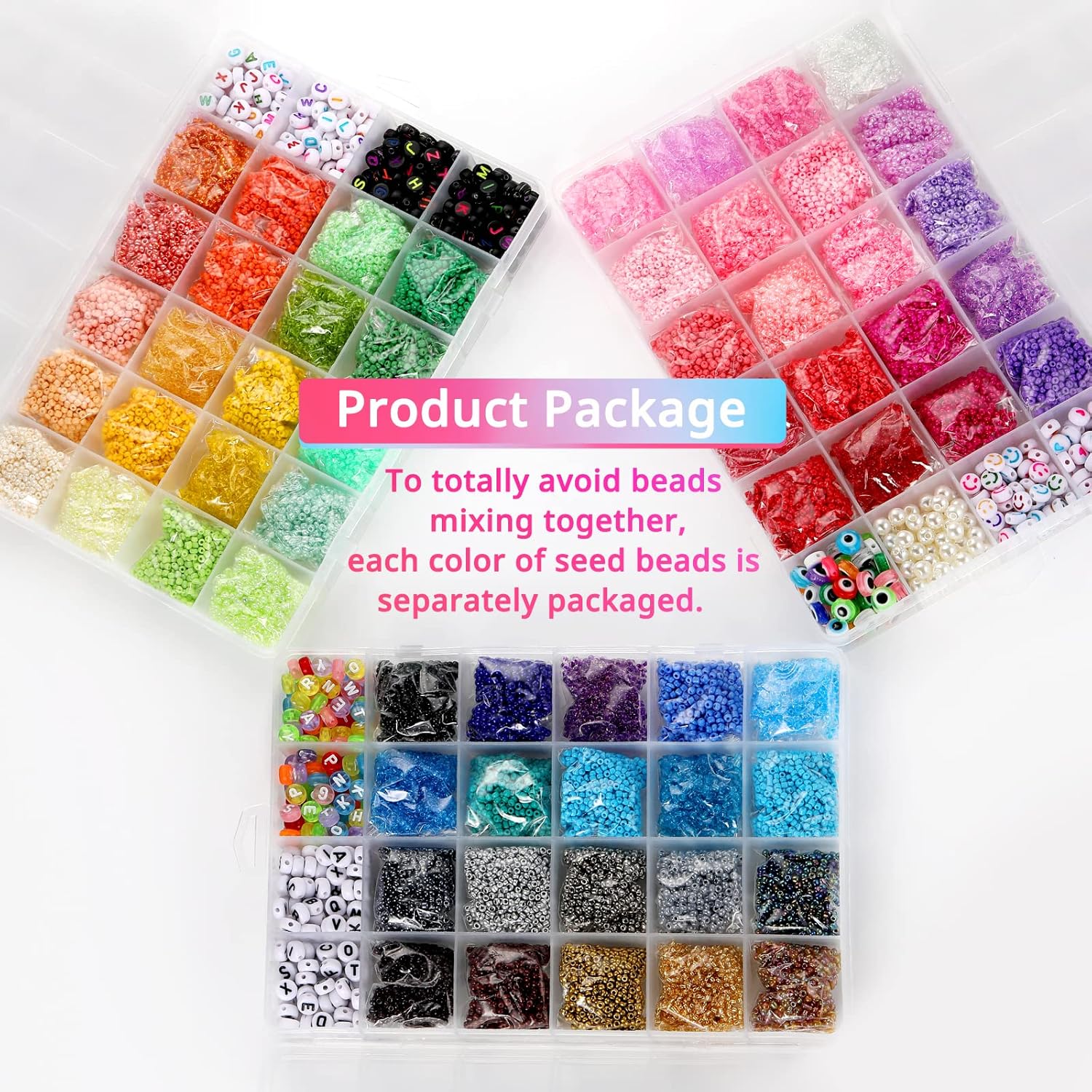 Funtopia 36600 Counts Glass Beads for Jewelry Making beaded embroidery, 60 Colors 36600 Counts+ Small Seed Beads for  Making, 2mm Tiny Beads with 3 Storage Box, Letter Beads & Evil Eye Beads, DIY Art Craft Kit for Girls Women Friendship