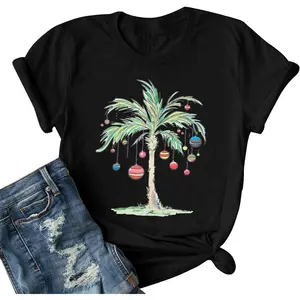 Christmas Shirts Women Palm Tree T-Shirt Summer Beach Party Shirt Funny Hawaii Vacation Short Sleeve Tops