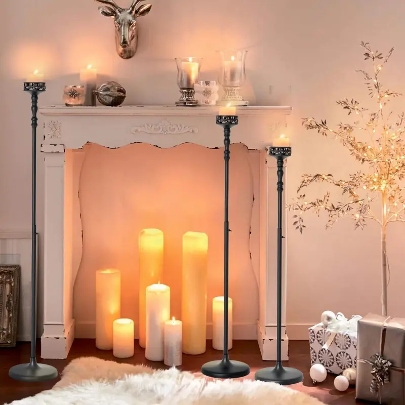 VINCIGANT Matte Black Adjustable Floor Candelabra Set for Wedding Party Home Fireplace Mantel Decor