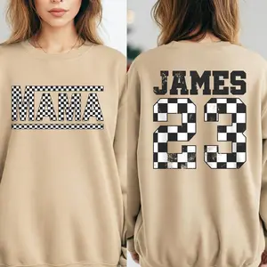 Personalized Checkered Mama Tshirt Sweatshirt, Custom Race Mama with Kid's Name, Perfect Mother's Day Gift, Cheer mom apparel