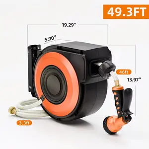 Retractable Garden Hose Reel, 9 Function Spray Nozzle, Any Length Lock, Slow Return, Wall Mounted 180° Swivel Bracket