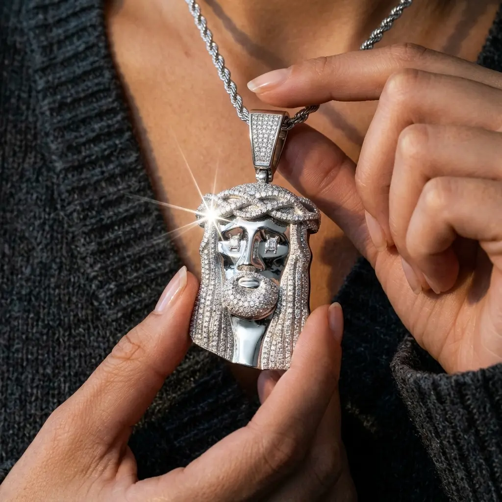 Men's Streetwear Hip-Hop Zirconia-Inlaid Jesus Head Pendant Necklace, Gold/Silver-Plated Copper, 60cm Chain Jewelry Necklaces, Casual Boyfriend Gift, Hip Hop Jewelry