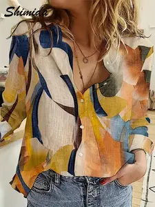Shimida Women's Four-Season Single-Breasted Long Sleeve Shirt, Fashion Geometric Print Casual Top, Stylish Ladies' Blouse for All Seasons, Casual boho blouses