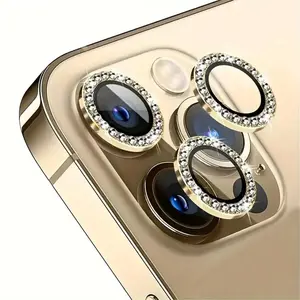 For iPhone 16/15/14/13/12/11 Pro Max Golden Artificial Diamond Protective Camera Lens Protector, Protection, 9H Tempered Glass Scratch Resistant Glitter Shiny Lens Protector For iPhone 14/13 Pro Max/Pro Accessories