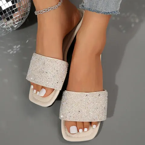 Stylish Women's Rhinestone Slide Sandals - Square Toe Slip On Flats for Open Summer Dressy Slippers Summer Vibes