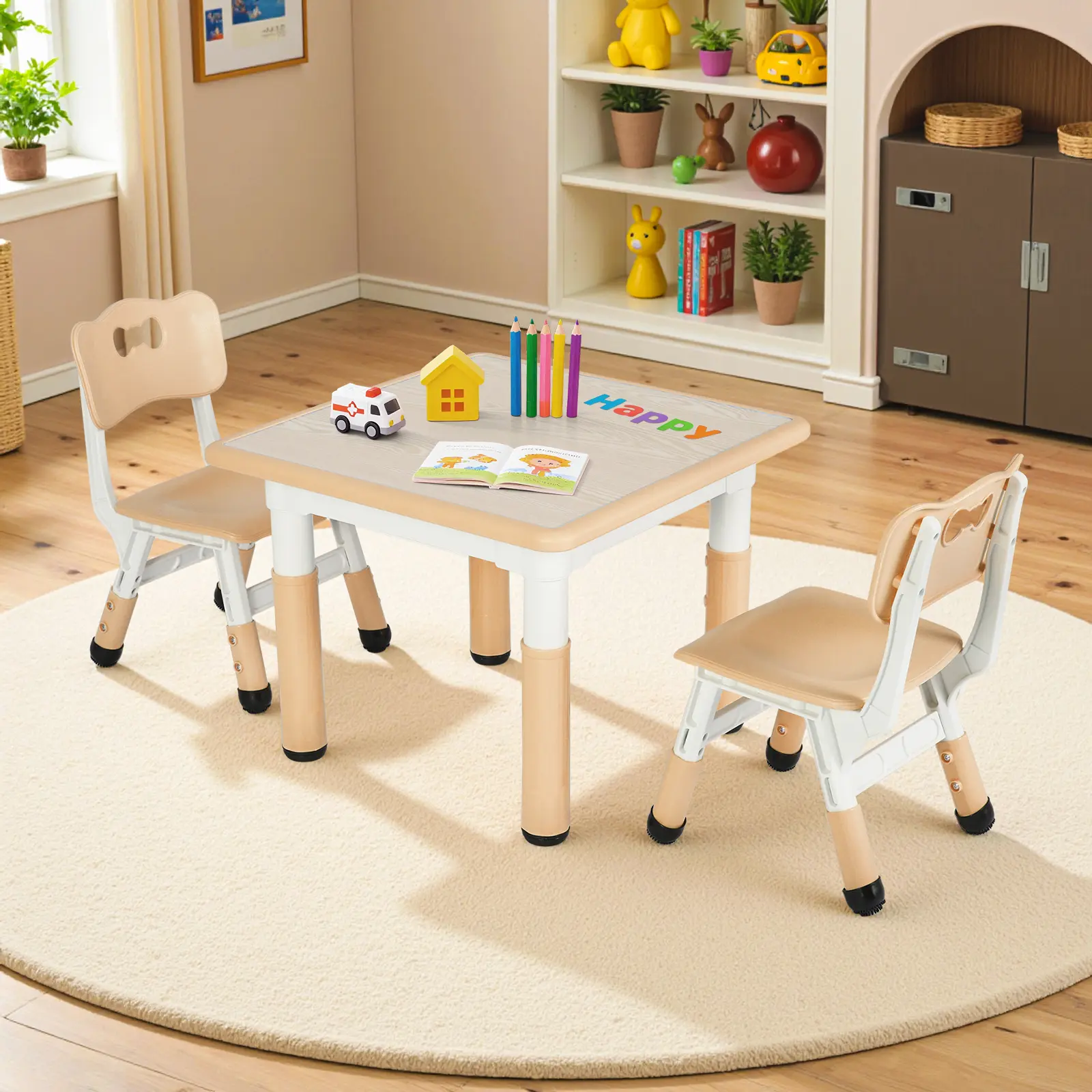 Arlopu Kids Table and Chairs, Height Adjustable Toddler Table and Chair Set, Anti-Slip Legs & Easy-Clean Graffiti Desktop (23.6''L X 23.6''W) for Montessori Learning, Daycare, Home homeessentials
