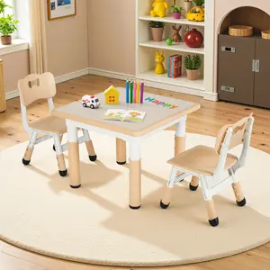 Arlopu Kids Table and Chairs, Height Adjustable Toddler Table and Chair Set, Anti-Slip Legs & Easy-Clean Graffiti Desktop (23.6''L X 23.6''W) for Montessori Learning, Daycare, Home