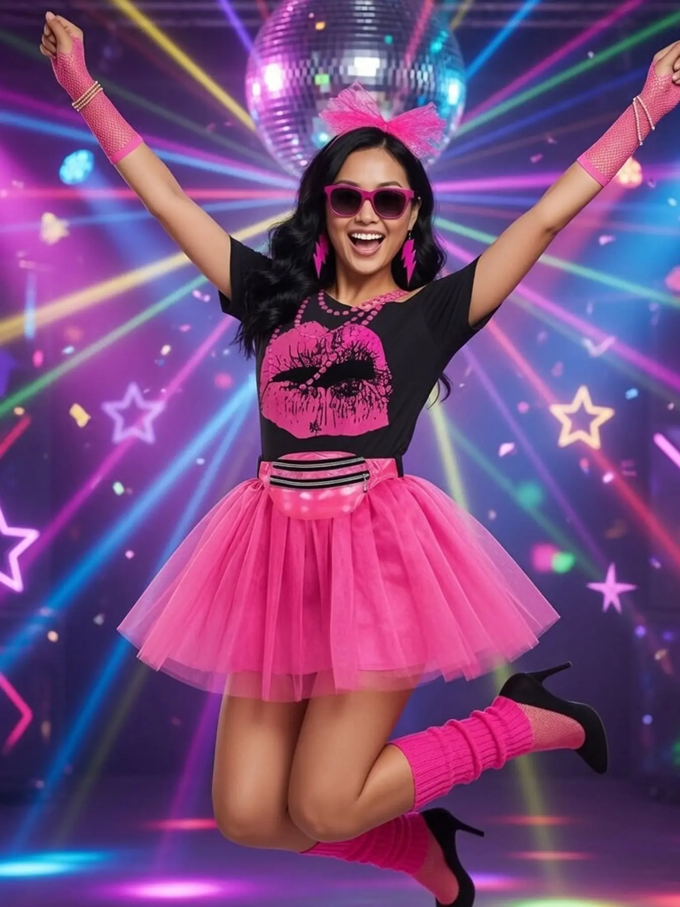All In One 80s 90s Retro Party Costume Set Women T Shirt Tutu Skirt With Matching Accessories