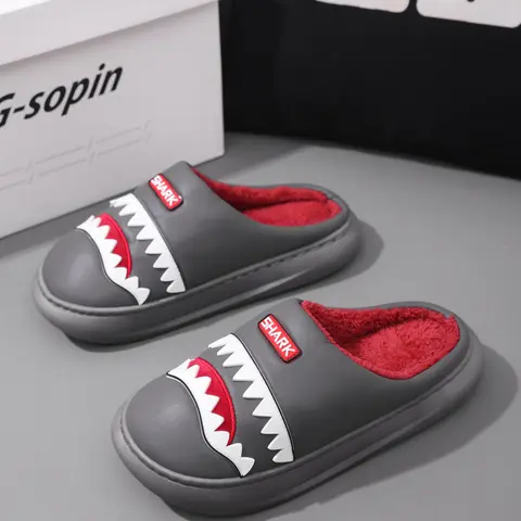 Men's Shark Winter Cotton Slippers, Thick Sole Warm Indoor Home Shoes, Funny Design, Couples' Cozy Footwear, Comfortable House Slides, Fashionable Slippers, Thick Bottom Slippers