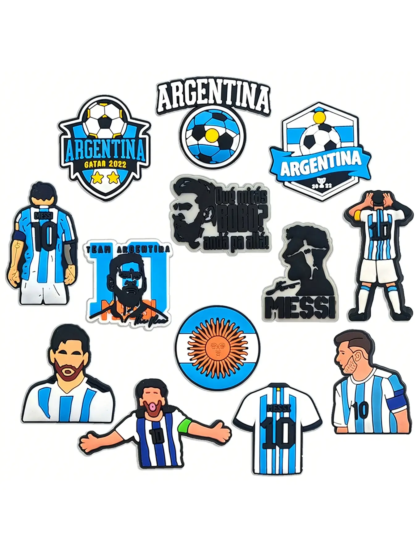 13/15/24/39pcs Cartoon Football Champion Argentina 10 Ronaldo 7 Shoe Accessories, Shoe Charms For Sneakers, PVC Shoe Decorations, Bag & Luggage Accessories，Includes Messi and Ronaldo party gifts, Shoe Charms Set