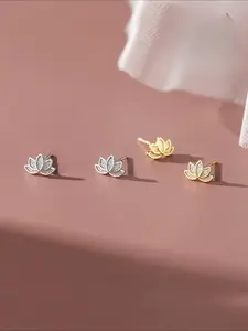 S999 Sterling Silver Lotus Design Earrings, Cute Lotus Earrings for Women & Girls, Fashion Jewelry for Party, Daily Decor, Trendy All-match & Exquisite Jewelry for Birthday Gift, Flower Stud Earrings