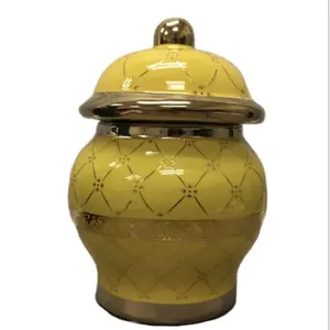 Potiche 6" Yellow Decorative Storage Jar with Gold Trim and Lid for Home Decor