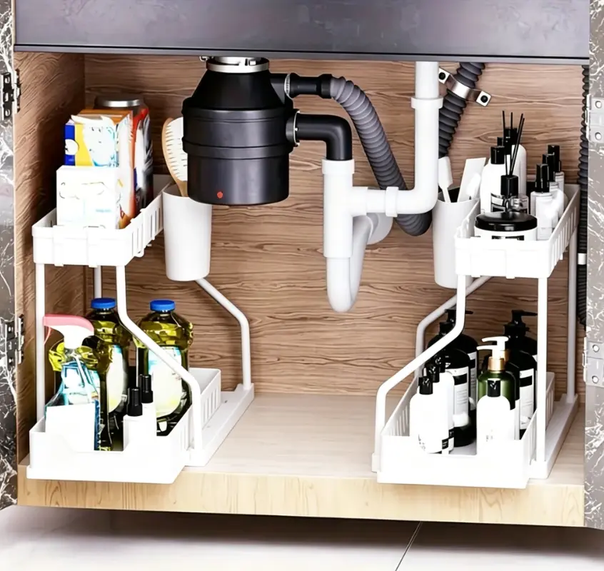 2-Tier Sliding Under Sink Storage Organizer - 1 Unit Black Cabinet Basket with Detachable Hooks, Space-Saving Multi-Purpose Shelf for Kitchen Sink Cabinet, Bathroom Vanity Organization, One Unit