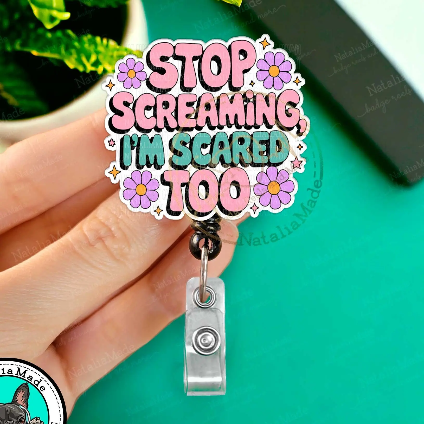 NataliaMade Funny Retractable Badge Reel- Stop Screaming Im scared Too ID Badge Holder for Nurses, Retail Workers, Teachers, Servers, Dark Humor Unhinged Name Badges for Healthcare Staff, Unique  Aesthetic Badge ID Badge Holder For Work