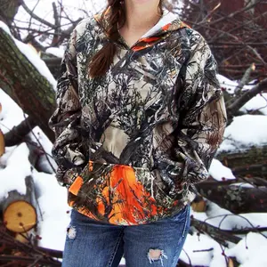 Women's Hooded Camo Sweatshirt Natural With Orange Hood Fleece Womenswear