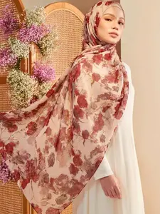 Women's Chiffon Floral Print Hijab Scarf, Elegant Ladies' Headscarf & Turban, Breathable Long Shawl for Daily Wear