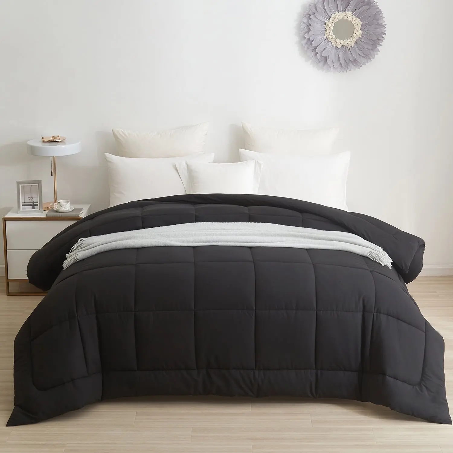 BedTreat Down Alternative Comforter King Duvet Insert With Corner Tabs, All Season Quilted Bed Comforter Box-Stitched King Comforter Black，Machine Washable Microfiber Bedding