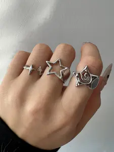 3-piece set: delicate, fashionable Y2K unique design—versatile, trendy, cute silver cutout star ring set for women, suitable for everyday wear, holidays, and parties.