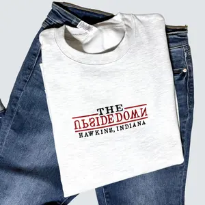 Lilshabebe Embroidered Upside Down Crewneck Unisex Sweatshirt Trending Stranger Fleece Medium Weight Y2K Everyday Wear Hawkins Indiana Ash Grey