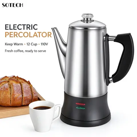 SOTECH Retro Electric Percolator Coffee Pot, 12 Cup 1.8L Food Grade Stainless Steel Coffee Brewer, 110V with Keep Warm Function, Drip-Free Spout, 360° Rotary Base, Safe BPA-Free Parts for Coffee, Tea & Hot Chocolate at Home Coffee Pots Steel Tea