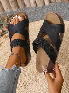 Summer New Woven Cross Strap Sandals Women, Outerwear Thick Sole Flat Slippers, Vintage Casual Shoes, Retro Style