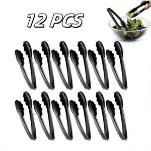 12 Pcs Plastic Tongs for Serving 9 Inch - Heavy-Duty Hard Plastic Reusable or Disposable Serving Tongs for Catering, Dinner Parties, Banquets, Buffets, Events, Weddings and Everyday Use, Black