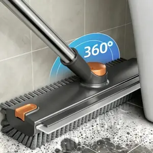 3 in 1 Long Handle Cleaning Brush with 360° Rotating Head, Stiff Bristle Scrubber & Silicone Scraper with Hair Tweezers for Tile Grout, Bathroom, Shower, Kitchen, Floor & Corner Gap Cleaning Microfiber Mop  Pads