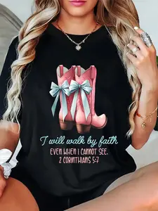 I Will Walk By Faith Coquette Bow Cowboy Boots Jesus Christ T-Shirt Women'S Men'S Graphic Tee Causal Tops