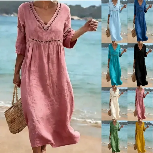 Women's Elegant Casual V-Neck Midi Dress Short Sleeve Solid Color Summer Spring Dress for 2026