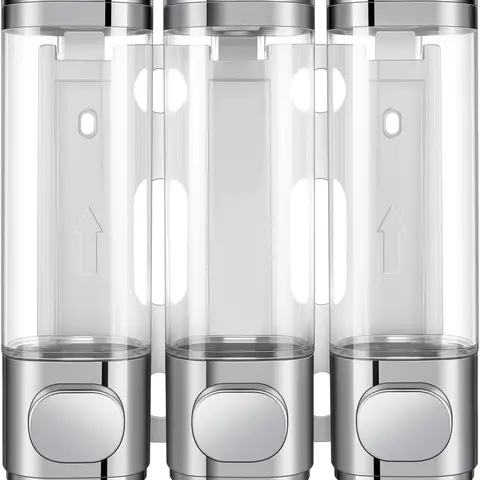 Zoronk 3-in-1 Wall-Mounted Anti-Leak Soap Dispenser with 3 Soap Canisters, Sturdy Press Pump, Waterproof ABS Label Organizer, Corrosion-Resistant ABS Body, Silvery Home Bathroom Supply for Hospitals, Airports