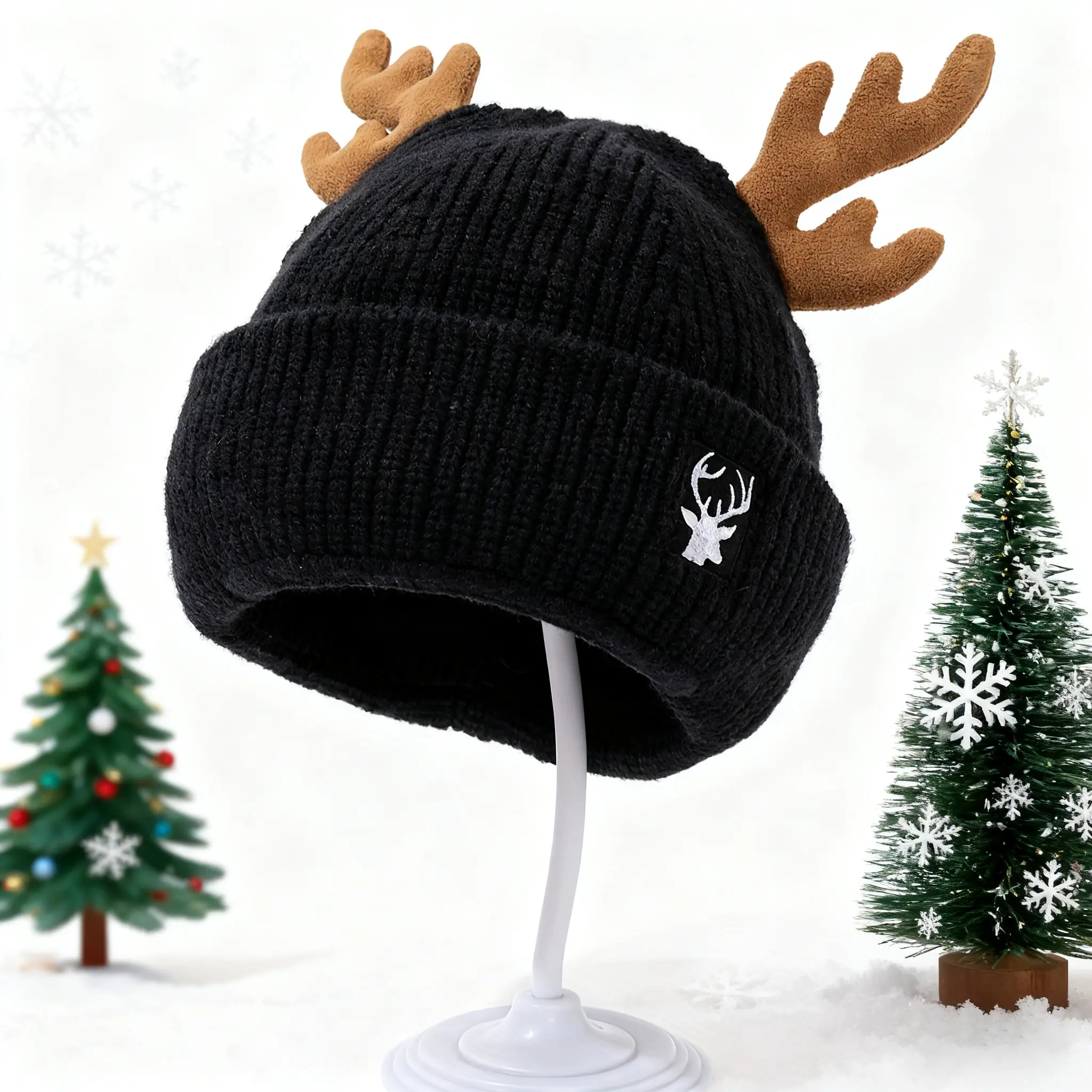 Festive Reindeer Antler Hat for Female - Acrylic Fiber, Reversible, Fleece-Lined Warmth, Winter Couple Use, Hand Wash Only (Sports & Outdoor Accessory), Animals