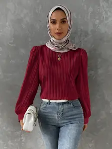 Women's Bubble Hem Pleated Shirt, Lady Elegant Solid Color Round Neck Top, Casual & Office Wear, Long Sleeve Fitted Blouse, Spring & Fall