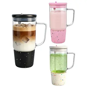 40oz Leakproof Glass Tumbler with Handle Stylish Reusable Water Cup with Straw & Silicone Base Perfect for Car Office & Everyday Hydration