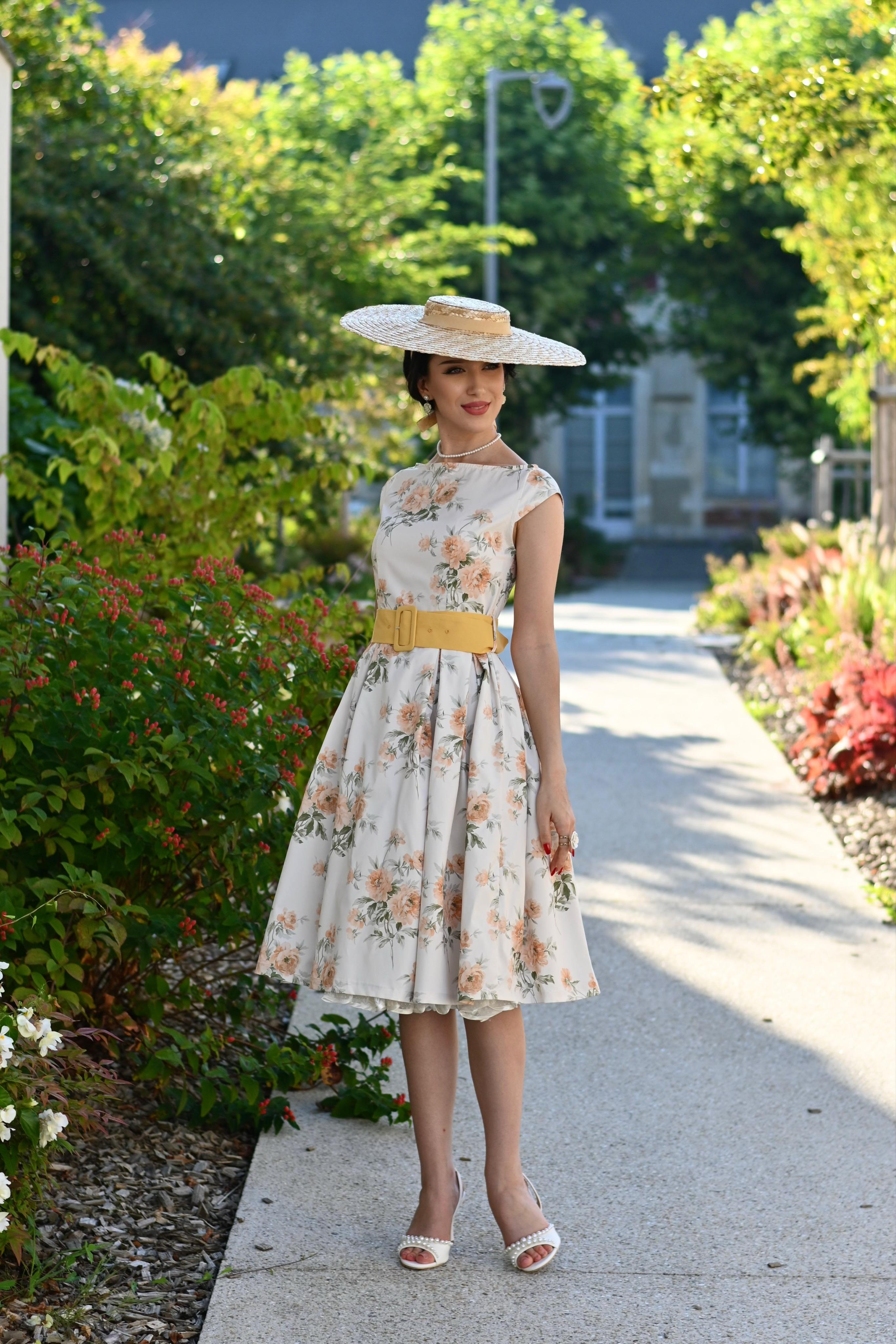 Yellow 1950s Boat Neck Antique Floral Dress Spring Vacation Womenswear Fitted Casual Sleeveless