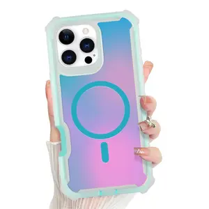 Luxury Color Changing Laser Case for iPhone 17 Air 16 15 14 13 Pro Max Iridescent Gradient Magnetic Phone Case Shockproof Heavy Duty Protective Cover for Women Men