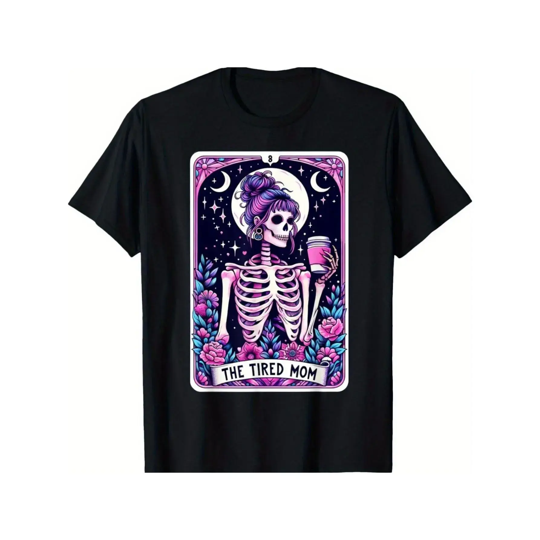 Unisex 100% Cotton 180g Printed Streetwear T-Shirt - Tired Mom Tarot Skull Mama Design, Mother's Day Gift Top, Machine Washable, for Parents Friends, Fit, Tshirt