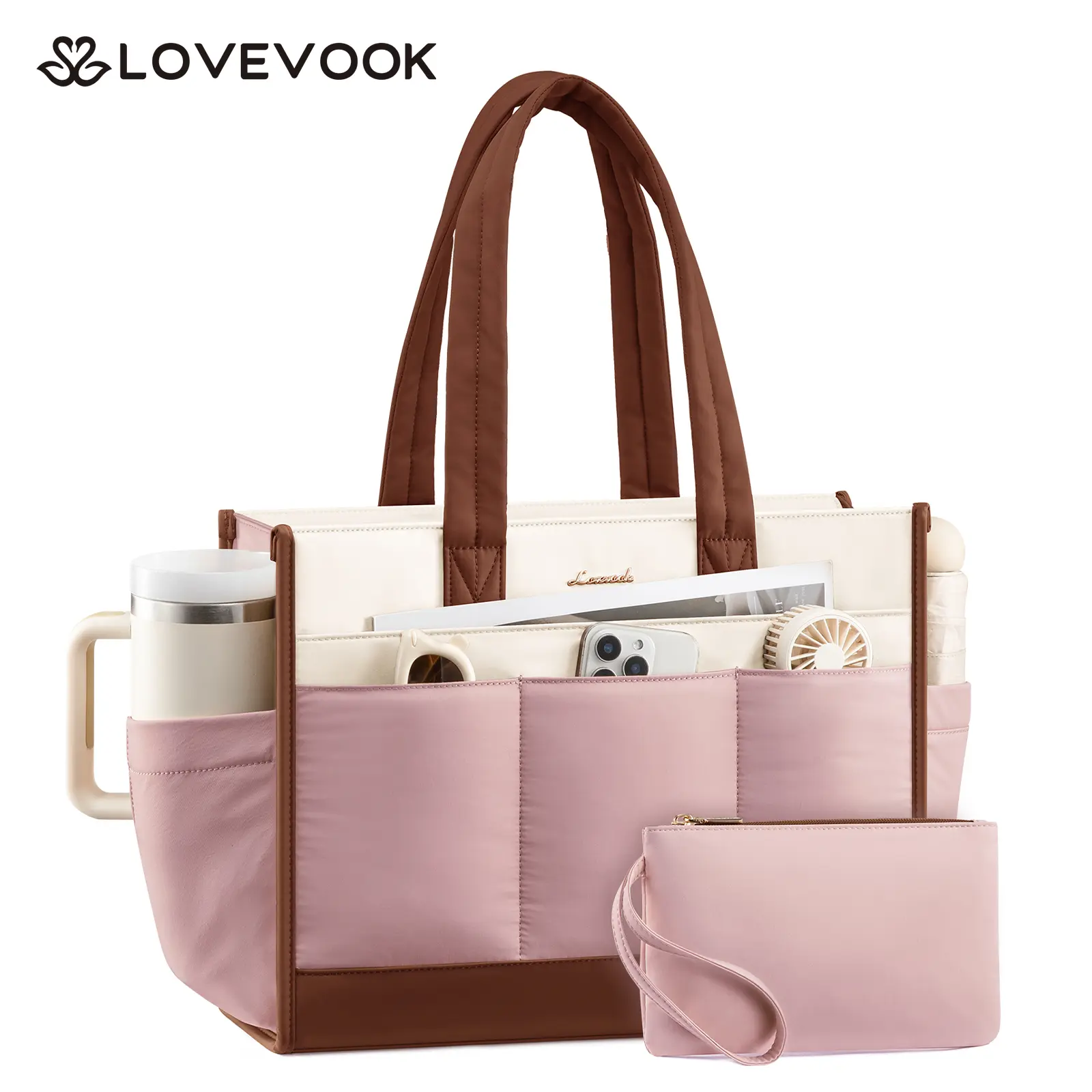 LOVEVOOK Tote Bag for Women, Puffer Laptop Handbag Work Purse 15.6 Inch for Teacher Nurse, Large Quilted Travel Tote Shoulder Bag with Zipper for College Office Clinical Gym