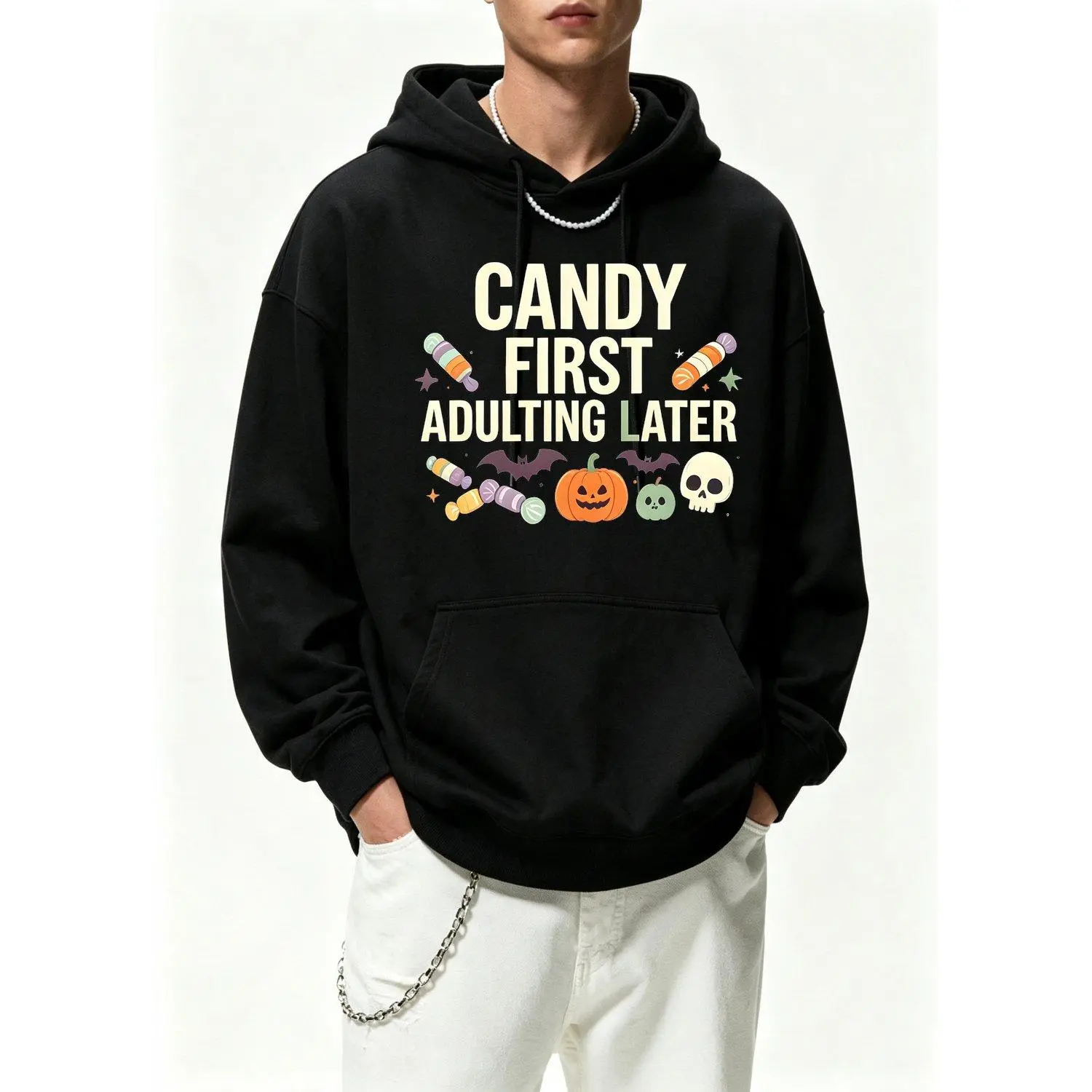 Halloween Candy Lover Graphic Mens Hoodie Candy First Adulting Later Funny Trick Or Treat Casual Long Sleeve Pullover Sweatshirt with Halloween Theme Design