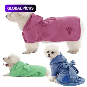 Pet Embroidered Paws Hat Bathrobe, Nylon 20% Polyester 80%, Velcro & Tie Design, Universal Absorbent Clothes for Small Medium Large Poodle Dogs Cats