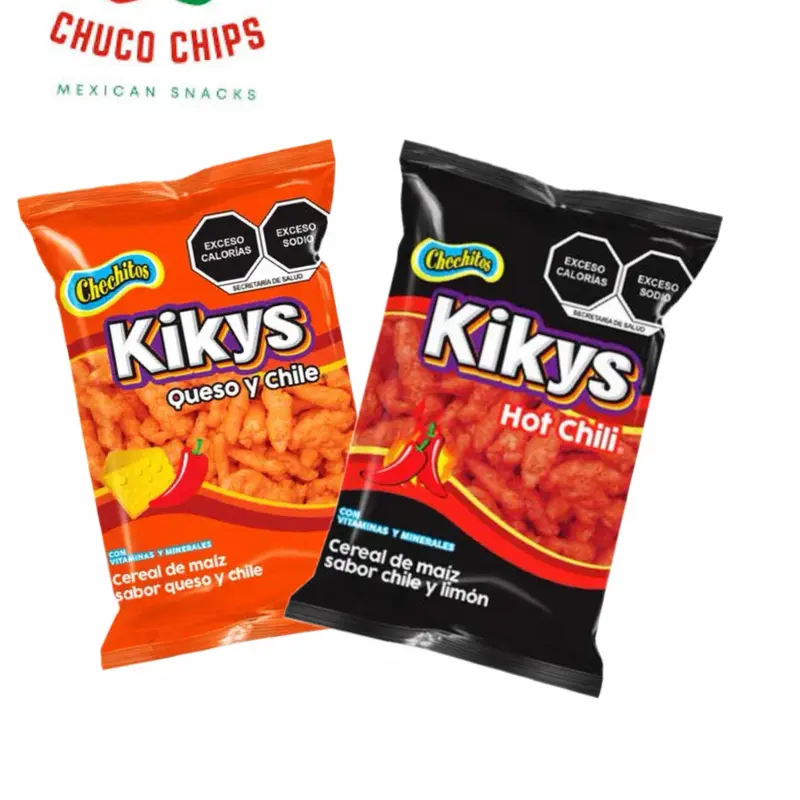 Kikys Chechitos Botaneros . Individual bags. Each bag comes with 24 individual bags. Choose from Chechos Cheddar flavor, Kikys Hot Chile, Kikys Queso Jalapeño , Kikys Cheddar, and Kikys Ahumados. Authentic Mexican snacks . Kikys Chechitos Botaneros . Individual bags. Each bag comes with 24 individual bags. Choose from Chechos Cheddar flavor, Kikys Hot Chile, Kikys Queso Jalapeño , Kikys Cheddar, and Kikys Ahumados. Authentic Mexican snacks .