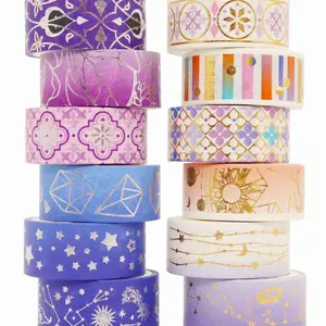 Galaxy Washi Tape Set Purple Stars Decorative Tapes Silver Gold Foil Masking for Arts, DIY Crafts, Journal Supplies, Planners, Scrapbook, Gift Wrapping (Purple Night 12 Rolls)