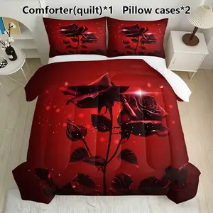 Glowing Rose Bedding Set, 1 Comforter & 2 Pillowcases, Romantic Floral Decor, Synthetic Fiber Material, No Ca Prop 65 Warning