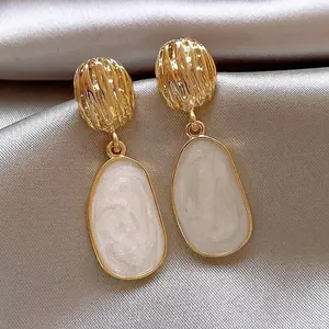 White Enamel Oval Dangle Earrings for Women, Antique-Inspired Geometric Copper Statement Jewelry with Uneven Drop