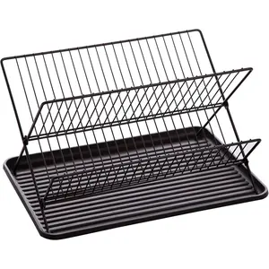 BINO 2-Tier Collapsible Dish Rack with Tray - Black| Dish Drainer| Holders for Cups &| Foldable Rack for Countertop| and Organization