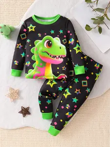Boys Fun Cartoon Dinosaur Print Tight Fit Set, Colorful Stars Geometric Pattern Cotton Long Sleeve Pants, Baby Comfort Breathable Two-Piece